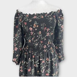 Everly Off Shoulder Dark Floral Balloon Sleeve Smocked Bodice Mini Dress Size L